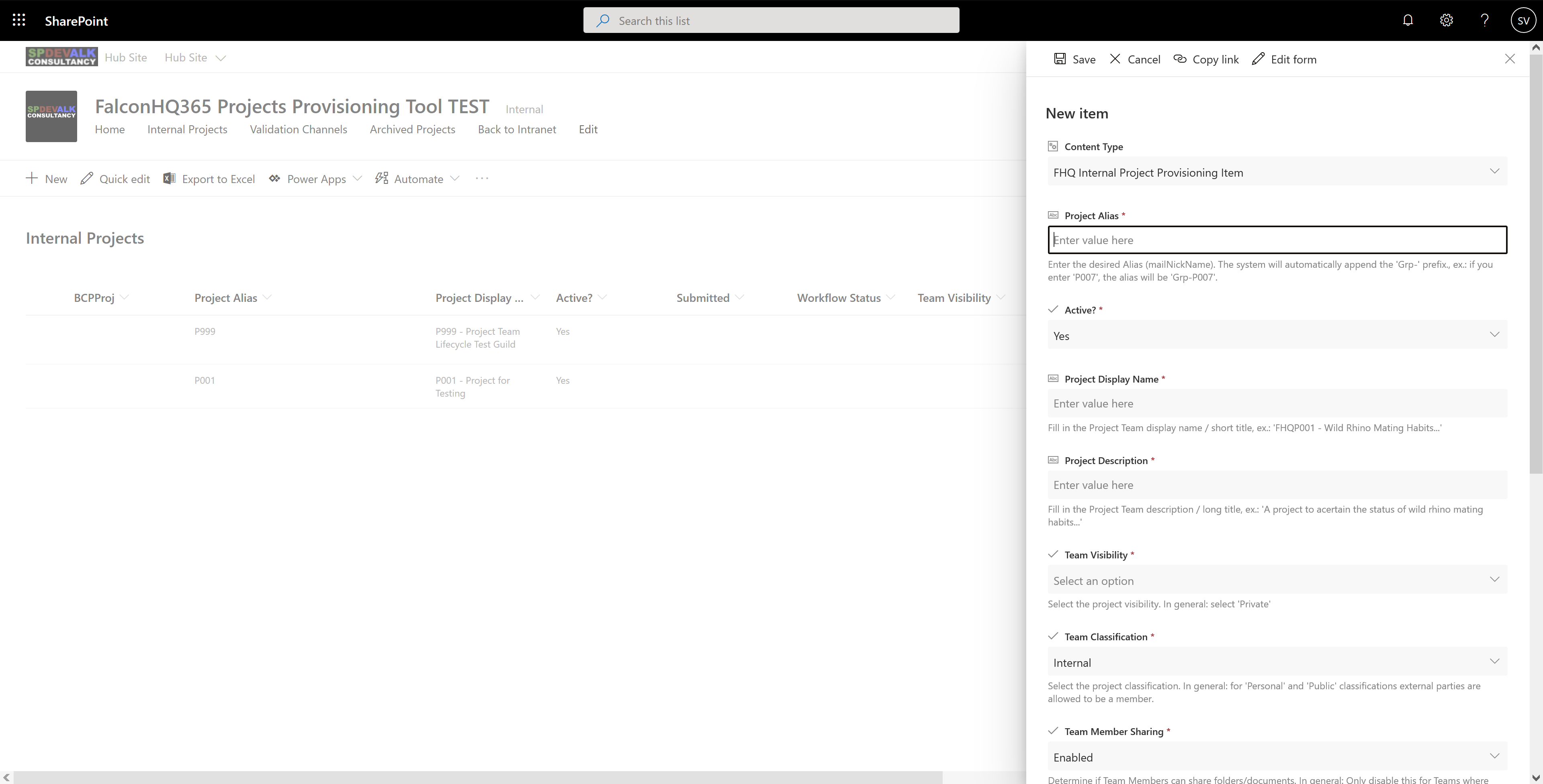 SharePoint Online UI of a Teams Provisioning Too (TPT)